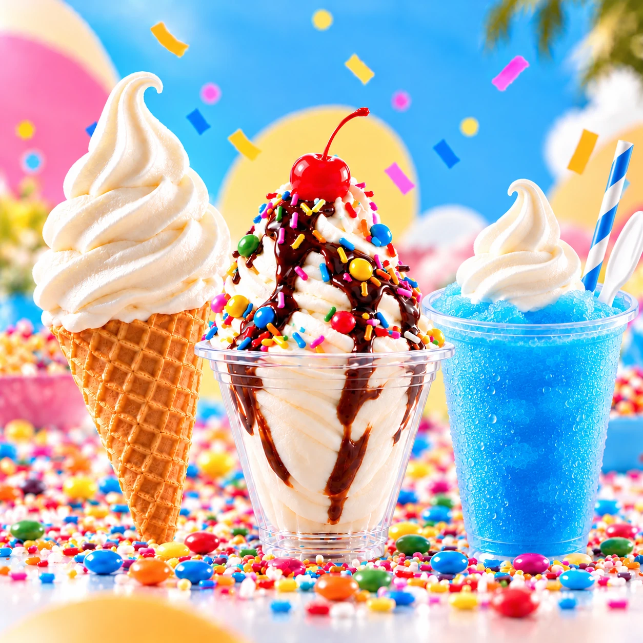 Crème glacée molle à la vanille servie en cornet, en sundae gourmand ou en flotteur avec slush.