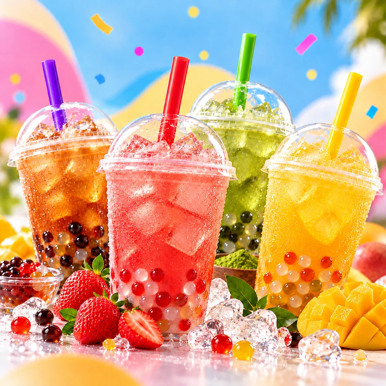 Une boisson fruitée et rafraîchissante servie sur glace, avec de délicieuses bulles colorées qui éclatent en bouche.