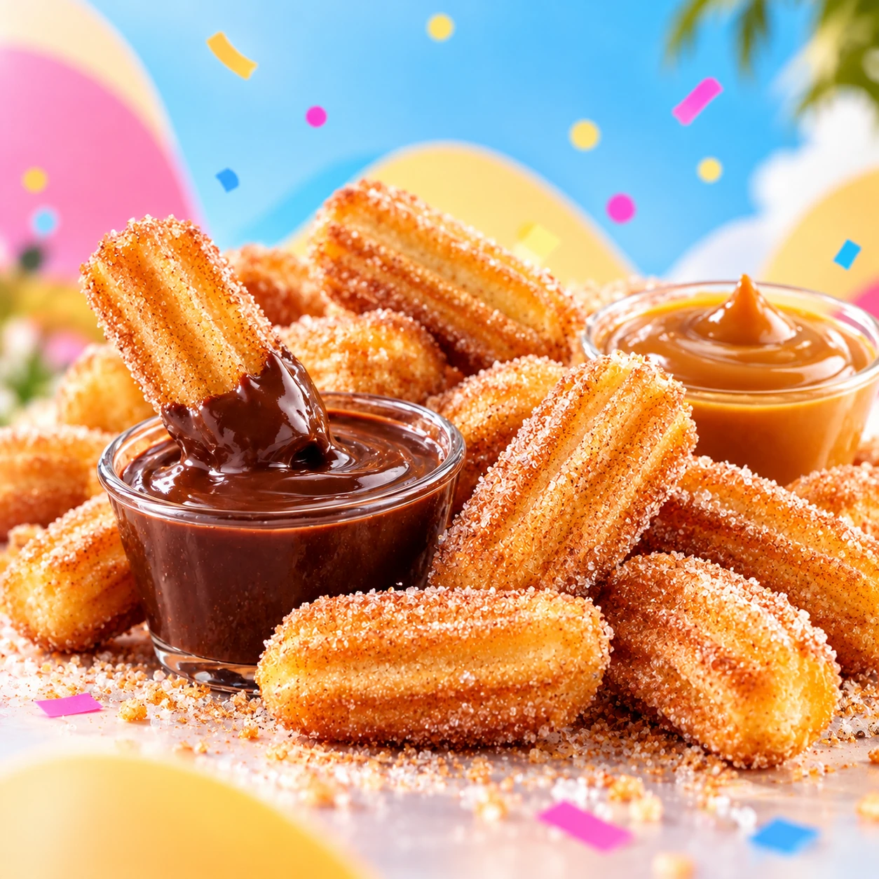 Des mini-churros dorés et croustillants, servis avec une sauce au chocolat ou au caramel