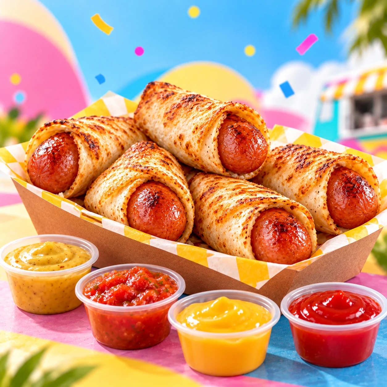 Demi-saucisses enveloppées dans une tortilla dorée et croustillante, servies avec une sélection de sauces gourmandes.