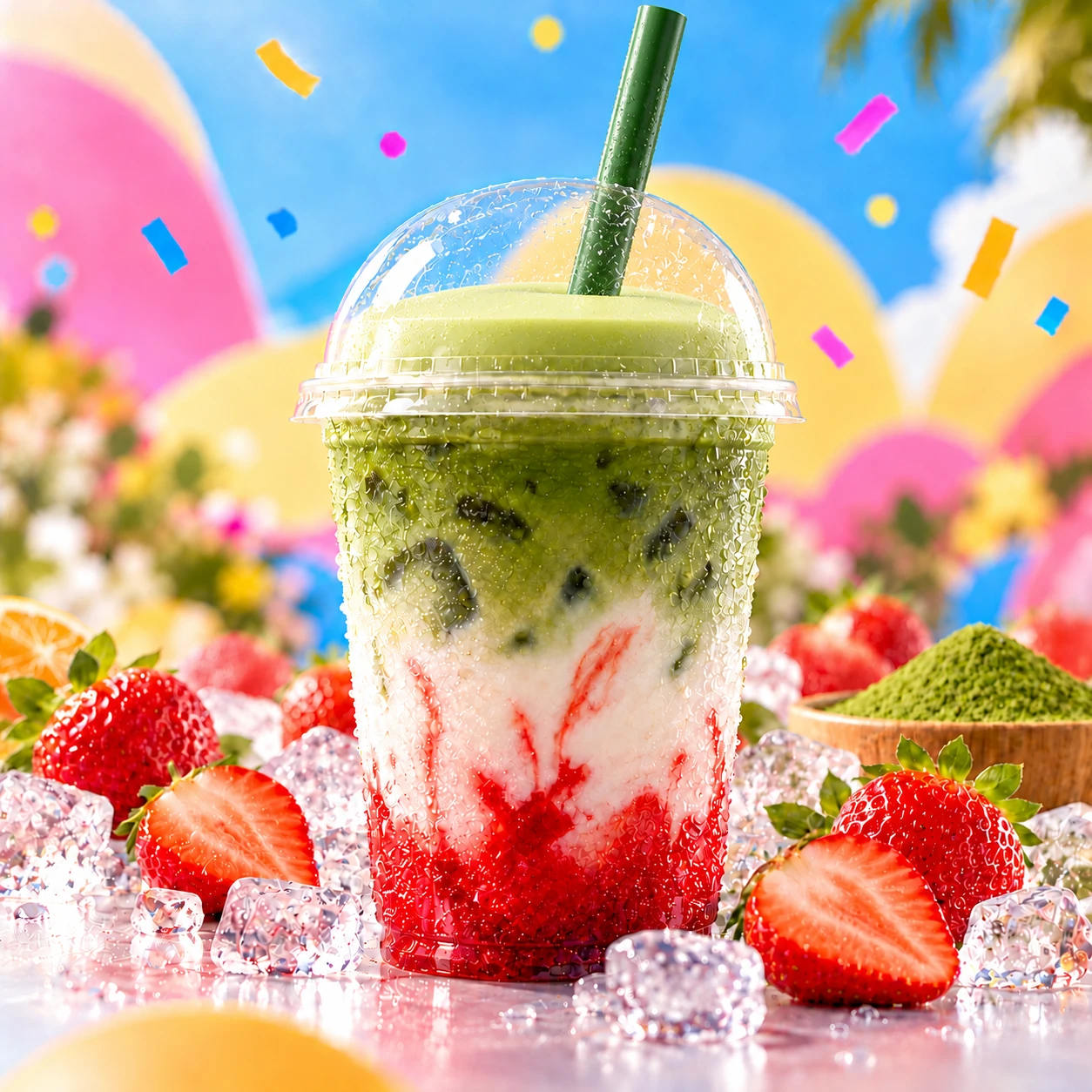 Un matcha glacé onctueux avec lait, glace et une douce mousse de matcha sur le dessus.