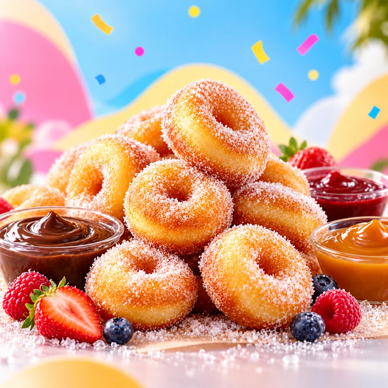 De délicieux mini-beignets chauds, moelleux et sucrés, parfaits pour une petite pause gourmande.